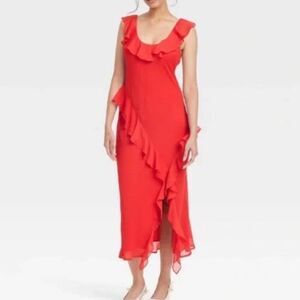 A New Day Red Asymmetrical Ruffle Maxi Dress Size XL